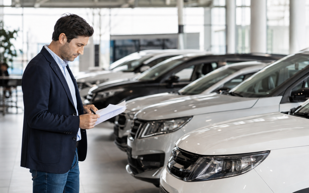 Persona revisando información del mercado automotor en un concesionario